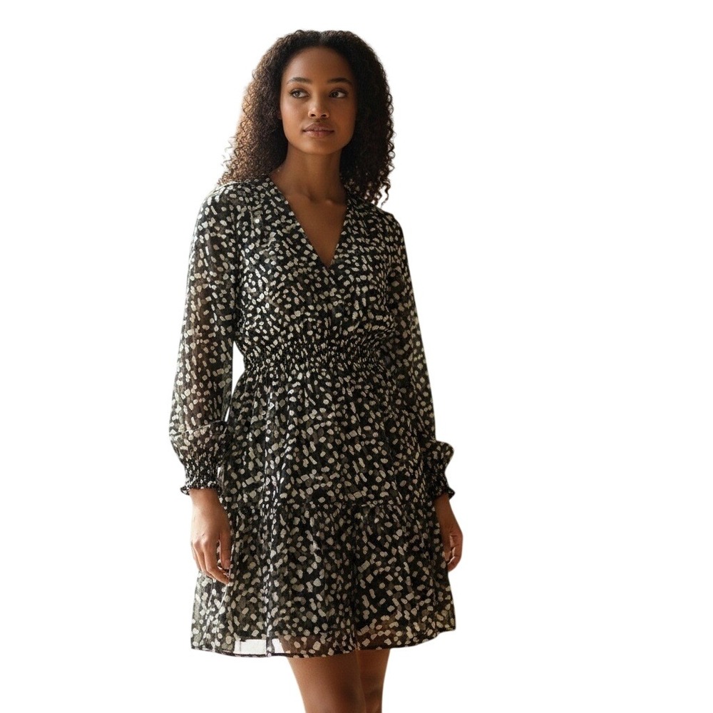 Theory‎ Black White Abstract Print Long Sleeve Midi Dress Size L